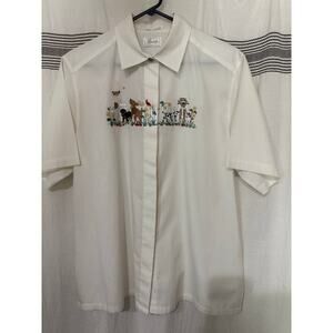 FoxCroft dog embroidered grandma‎ core short sleeve button up blouse womens 14 L